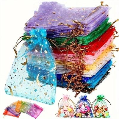 50 STÜCKE Mond Sterne Kordelzug Organzabeutel Schmuck Geschenkbeutel Beutel Gold Stern Organza Gastgeschenktüten für Weihnachten Hochzeit