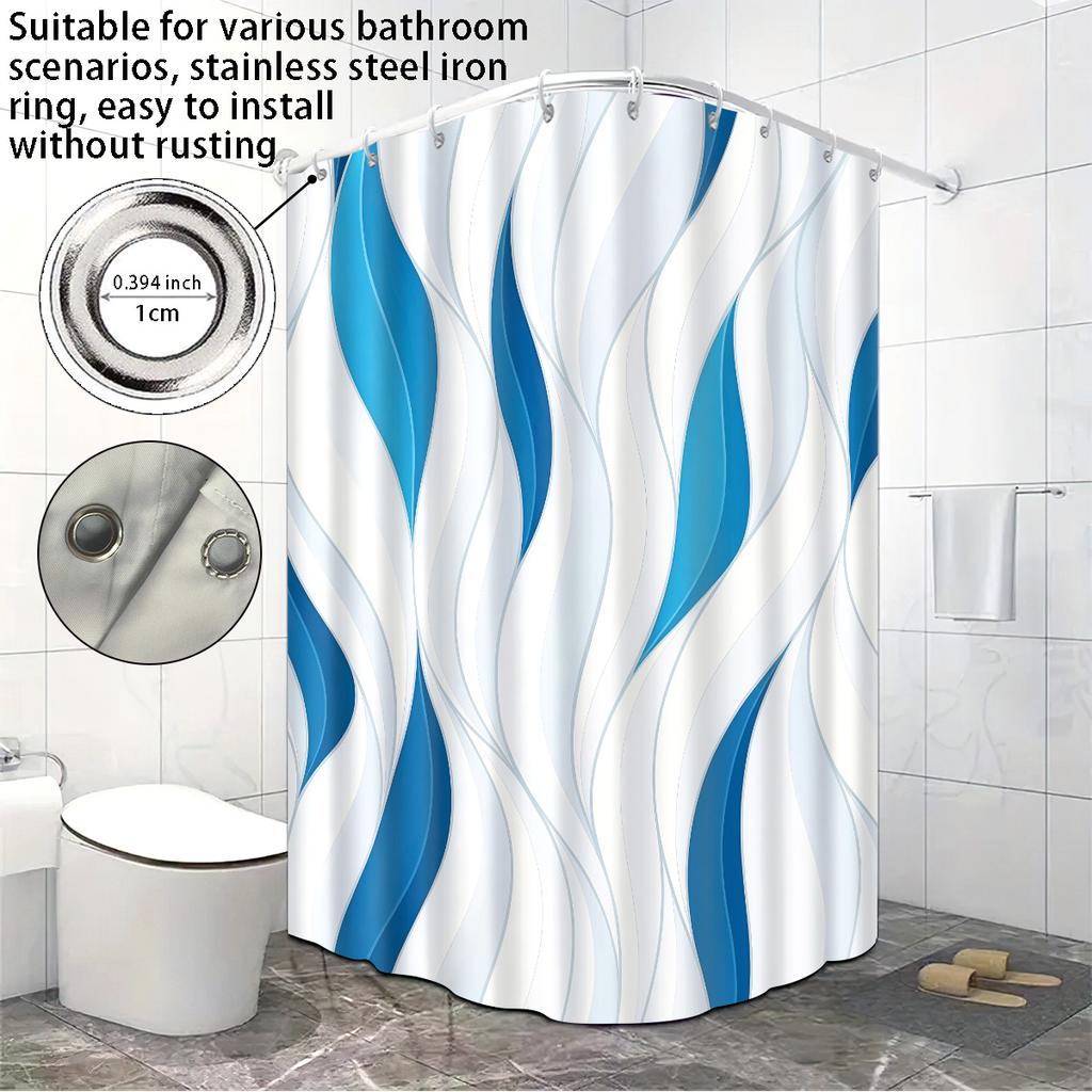 1P Blue Abstract Printed Waterproof Shower Curtain Shower Partition Hanging Curtain With 12 Hooks Multiple Sizes Easy To Install