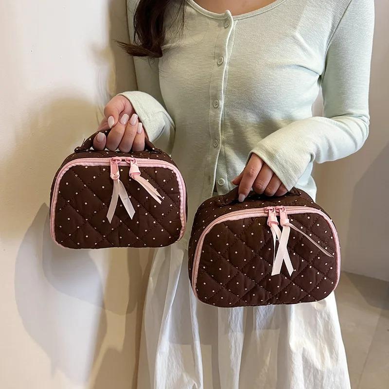 Damen Gepunktete Kosmetiktasche Etui Baumwolle Stepppunkt Muster Aufbewahrung Make-up Tasche Reise Toilettenartikel Tasche