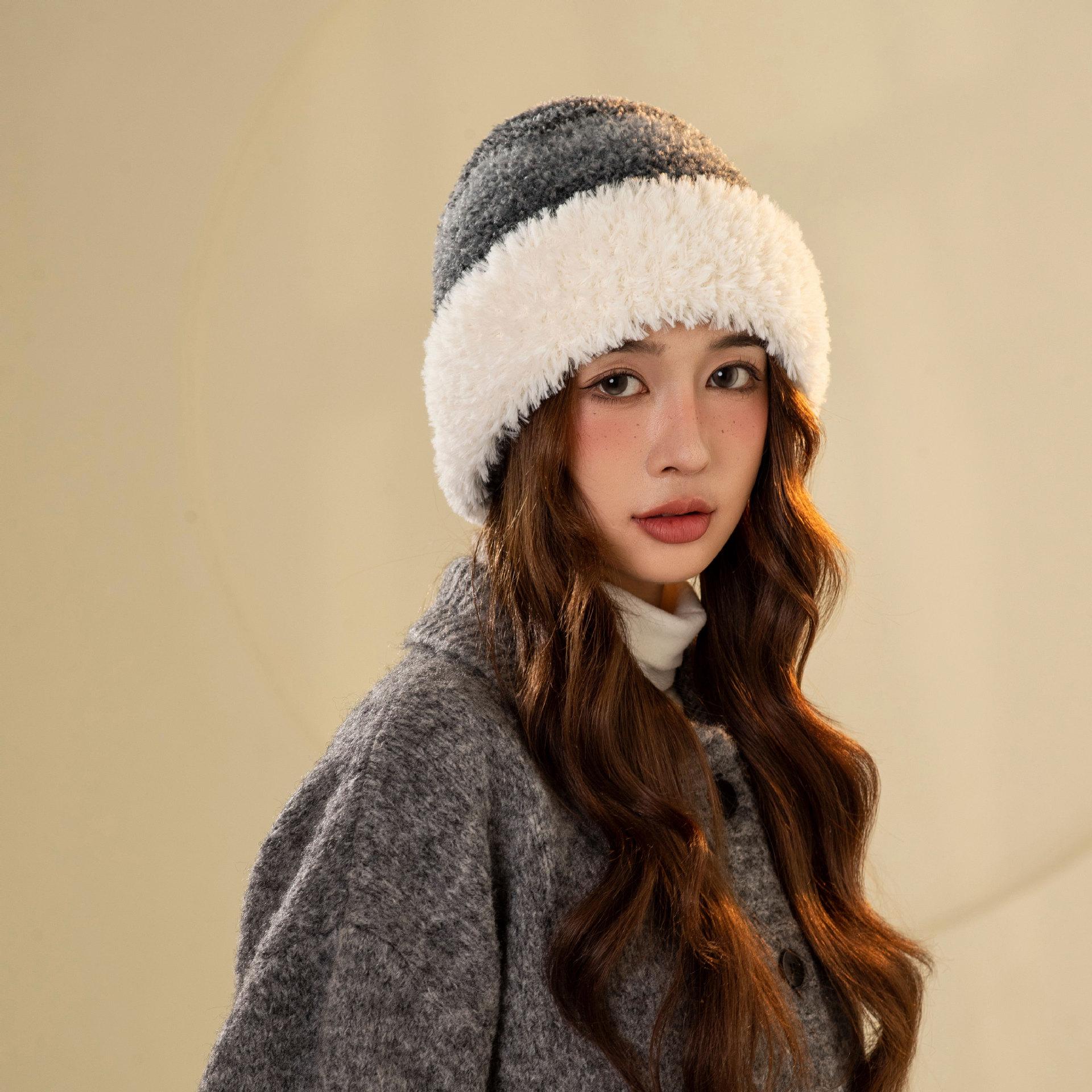 

Большое лицо маленькая шапка-бини женская новая осенне-зимняя вязаная шапка зимний теплый головной убор холодная шапка one size fits all серый