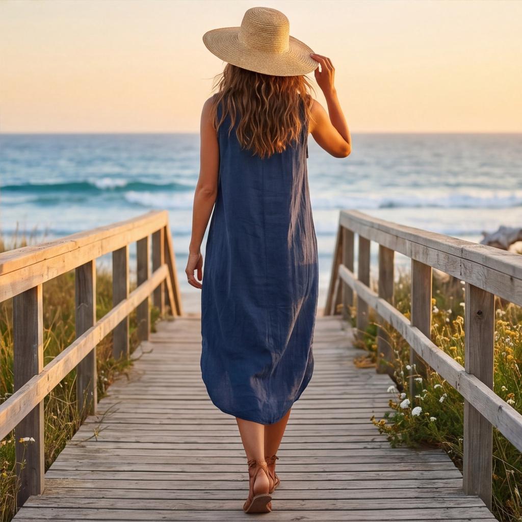 Abito midi da donna casual, vestibilità ampia, girocollo, cotone e lino, senza maniche, stile rilassato da vacanza, abito estivo