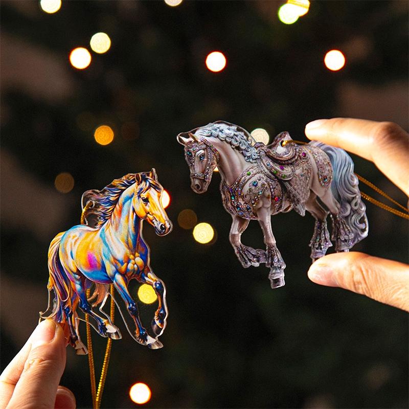Tree Christmas Horse Hanging Ornaments 2D Acrylic Horse Car Rearview Mirror Pendant Xmas Drop Ornaments Home Navidad Decor Gift
