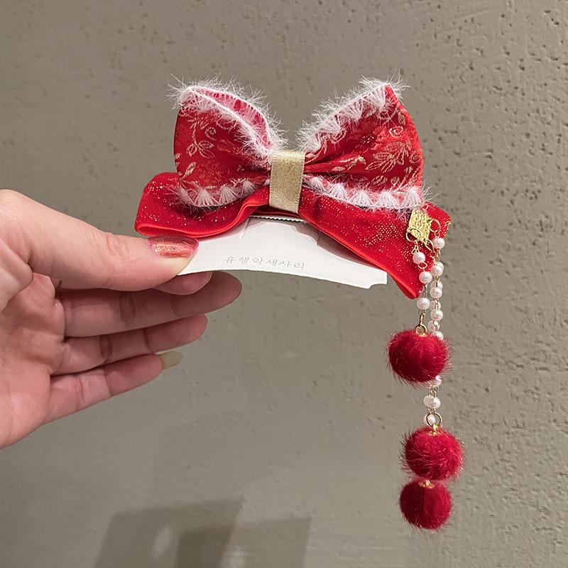 Chinese Style Princess Hair Clips with Pearl Pendant and Bowknot for Baby New Year and Hanfu Festivities