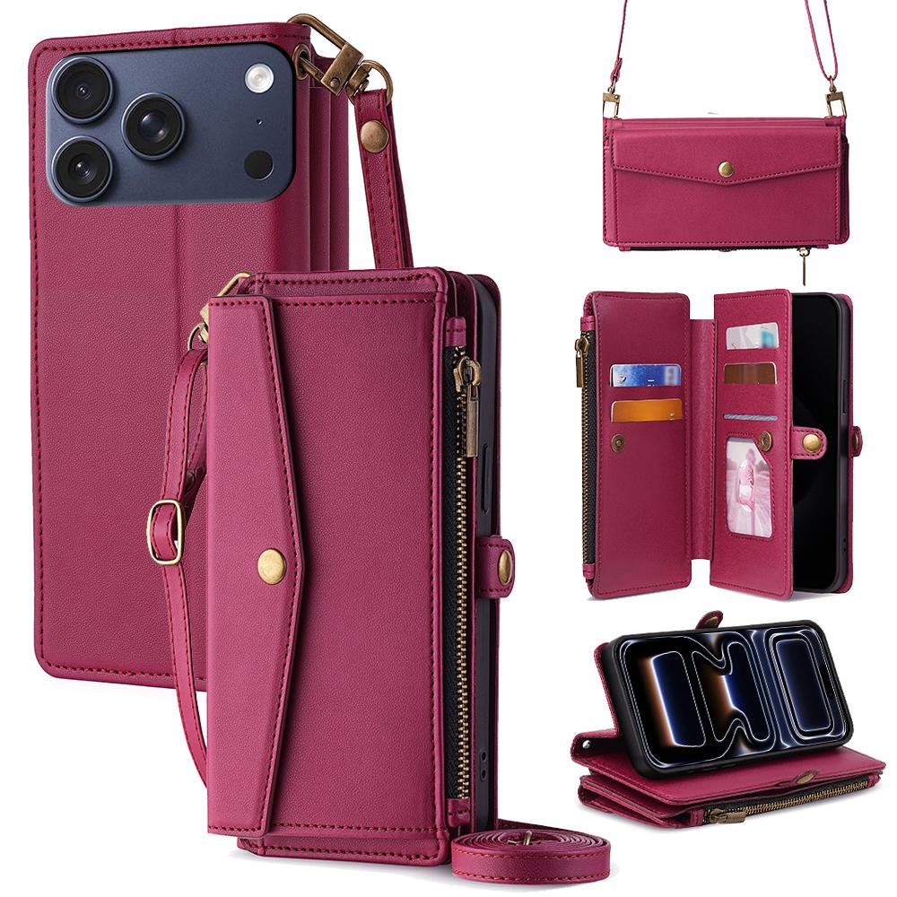For iPhone 17 Pro Case Card Slots Zipper Purse PU Leather Phone Cover with Shoulder Strap