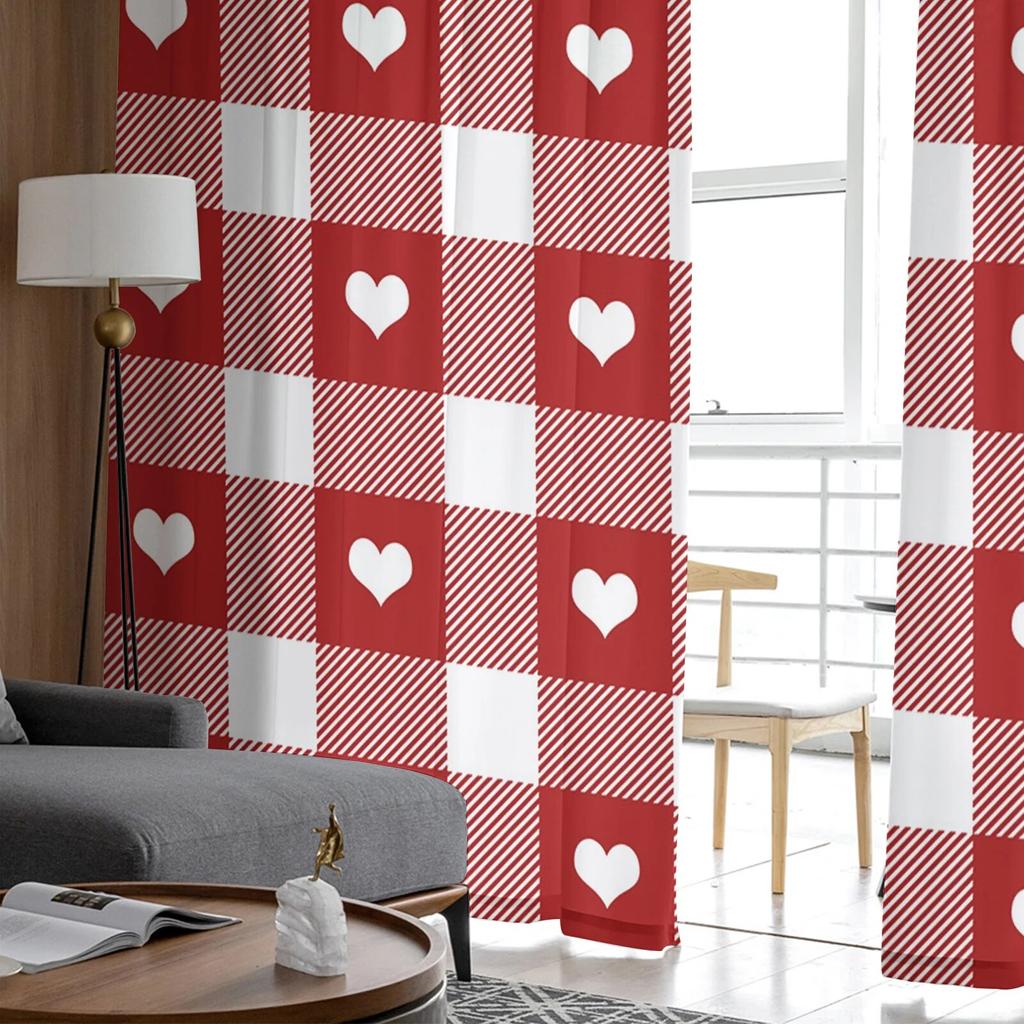 Valentine'S Day Love Red Plaid Tulle Curtains For Living Room Bedroom Home Decor Chiffon Sheer Voile Kitchen Curtain