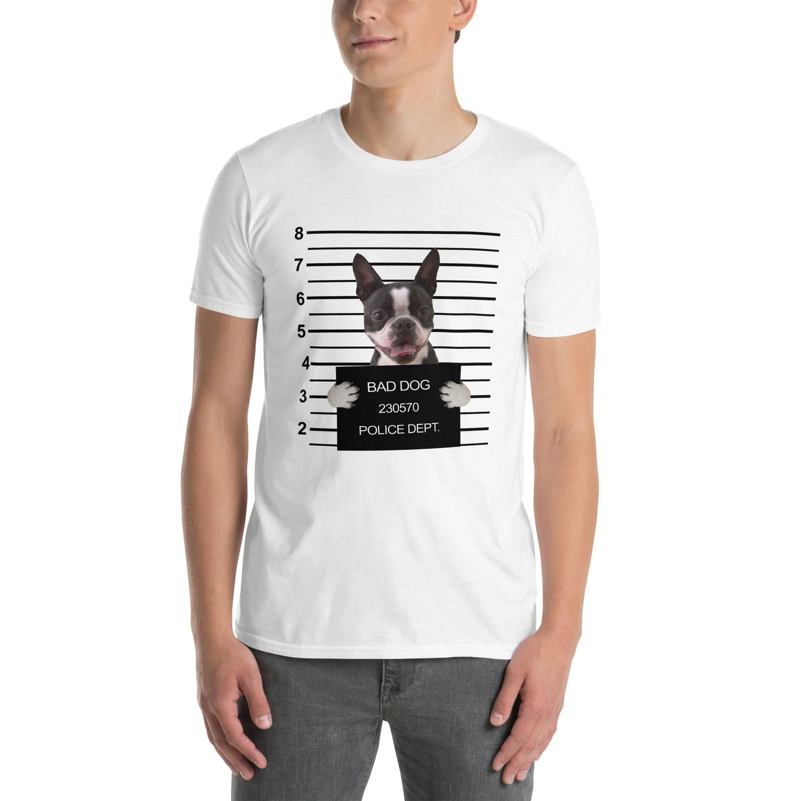 Funny Bad Dog Mugshot ( Cute Boston Terrier ) Dog Lover Unisex T-Shirt M