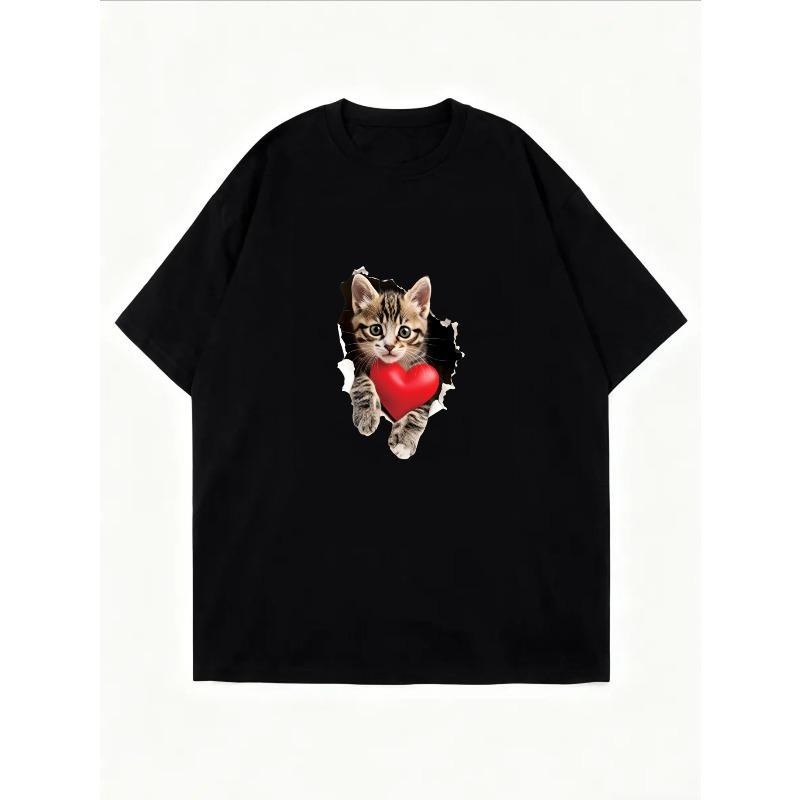 Cute Cat With Heart Print White T Shirt For Women Casual Summer Wear