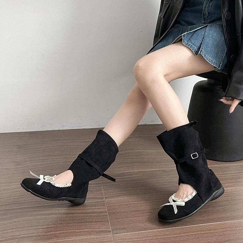 Fashion Cutout Cool Boots Women 2025 New Retro Sweet Round Head Bow Skinny Boots