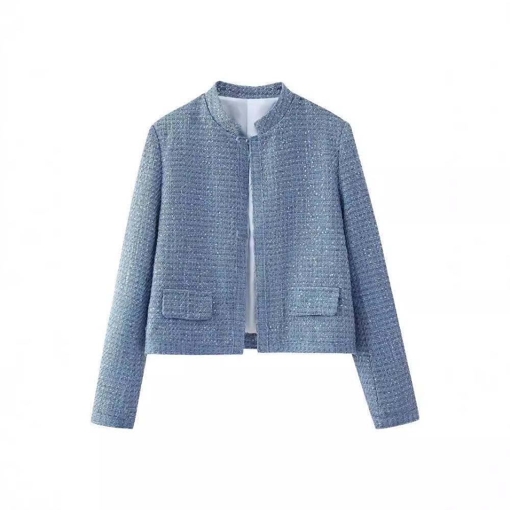 

Женская короткая куртка с пайетками, воротником-стойкой, длинными рукавами и карманами, весна и осень, новый женский шикарный кардиган L синий