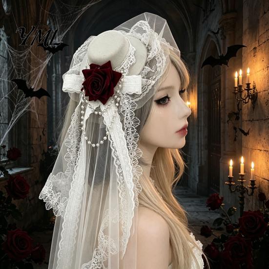Vintage Headdress Gothic Halloween with Rose And Chain Decoration, Mini Bowler Hat, Cosplay Party Accessory Retro Small Top Hat Hair Clip for