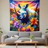Colorful Rhino with Vibrant Flowers Patterned Tapestry Decorative Wall Hanging, Home Bedroom Living Room Decor