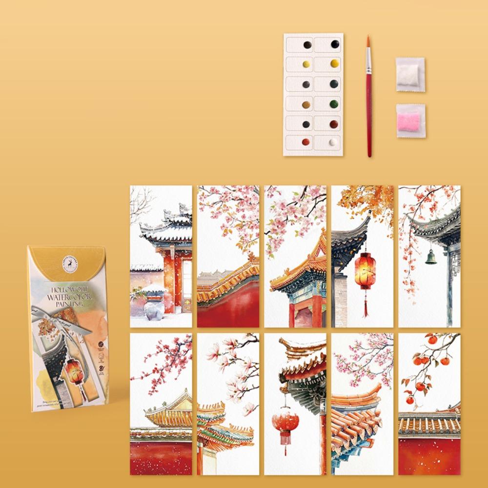 New 10 Sheets Watercolor Painting Set DIY 12 Colors Coloring Bookmark Handmade Hollow Bookmark Painting Set
