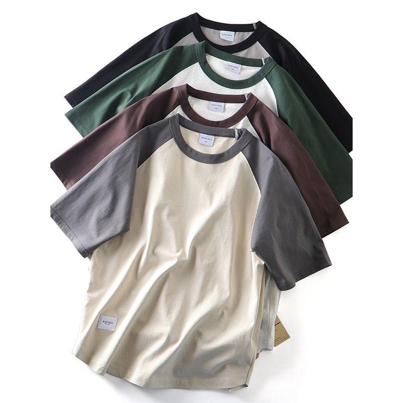 American Retro Heavy Weight Pure Cotton Raglan Contrast Color Short Sleeve T-Shirt Men's 2024 New Arrival Trendy Base Cotton T-shirt