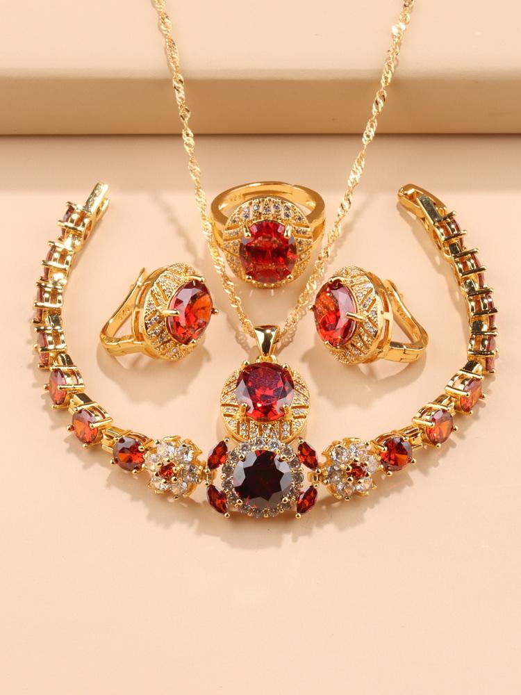 Luxury Wedding Bridal Costume Jewelry Accessory  Gold Plated Women'S Earrings Necklace Pendant Bracelet And Ring Gift Sets