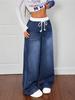 Women's Cross-border Wide-leg Denim Jeans with Elastic Drawstring Waistband