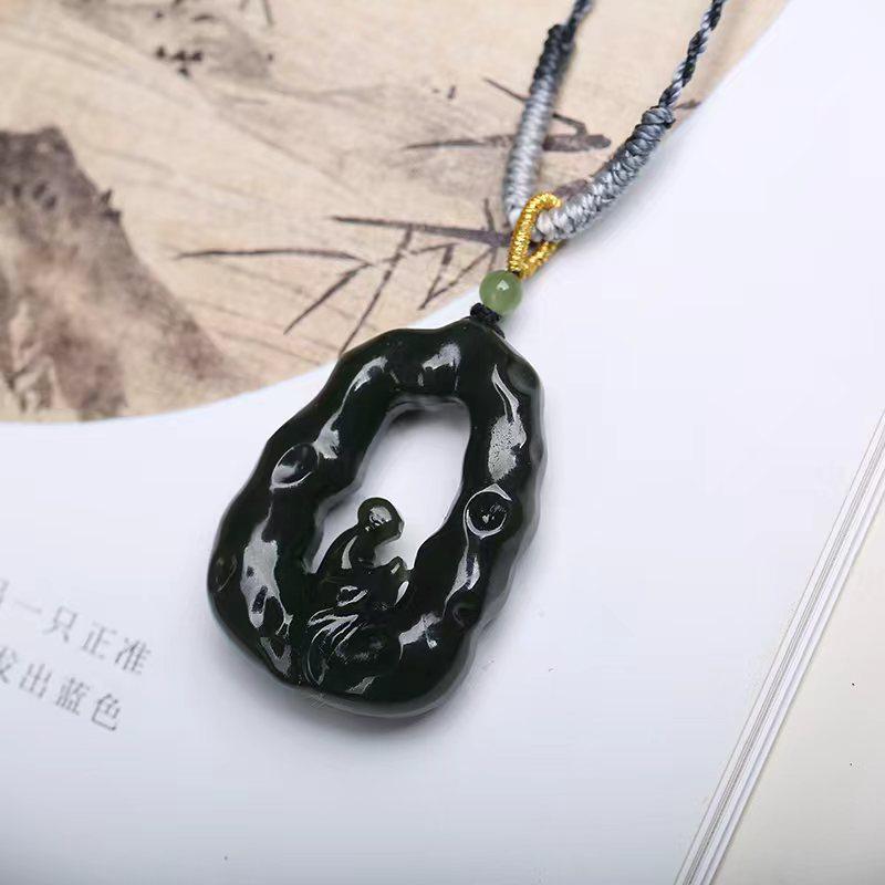Hand-Woven Hetian Jade Pendant with Adjustable Beaded Lanyard in Chinese Style