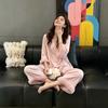 Ice silk pajamas women's spring and summer new long-sleeved cardigan three-piece loungewear can be worn outside, sweet and gentle wind suit