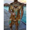 Men's Indian Ethnic Style Printed Short-sleeve and Shorts Set Summer Casual Vacation Beach Loose Sports 2pcs Suit