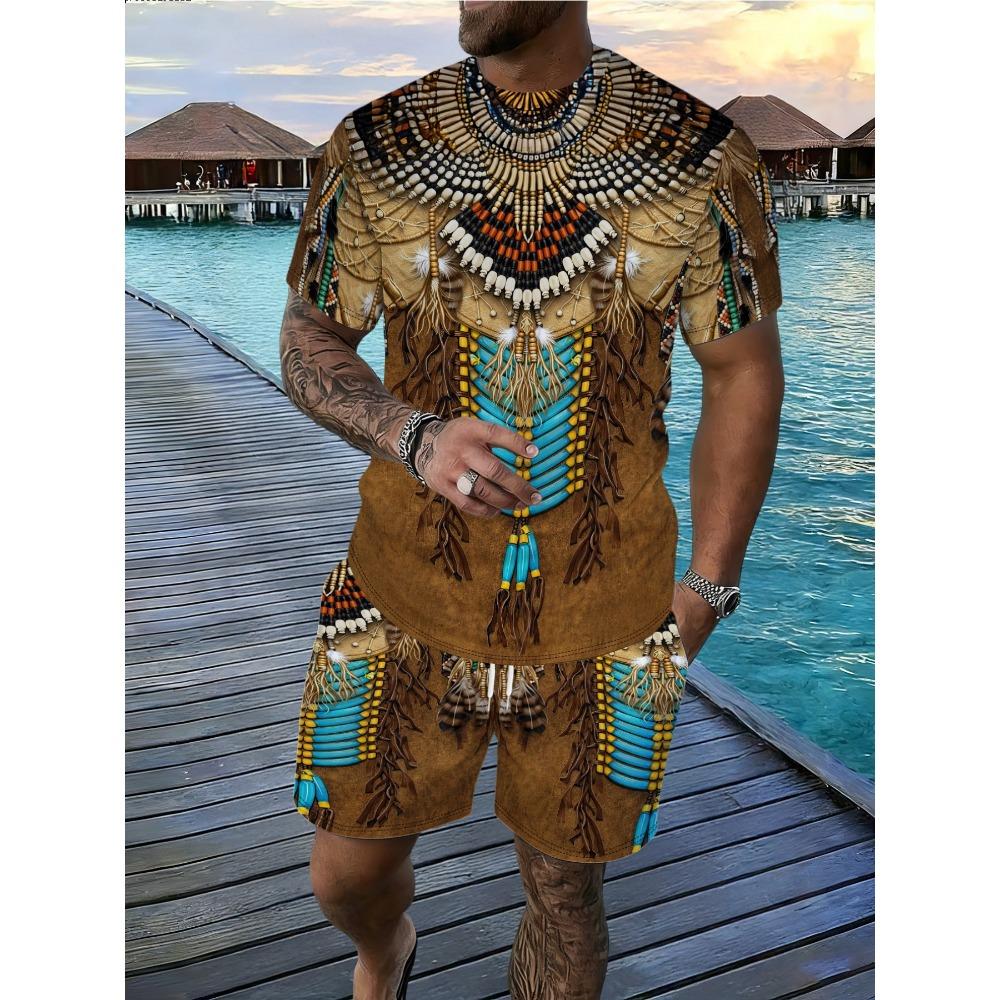 Men s Indian Ethnic Style Printed Short-sleeve and Shorts Set Summer Casual Vacation Beach Loose Sports 2pcs Suit S