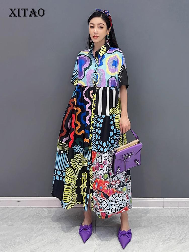 

XITAO Asymmetrical Geometry Striped Contrast Color Print Causal Dress WLD20221