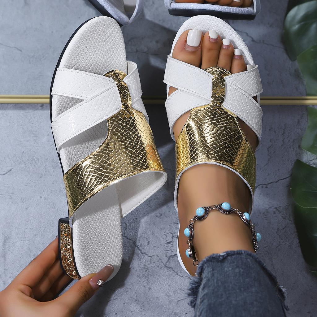 Golden Open Flat Women Shoes Leather Slip-On Sandals Bathroom Slippers Beach Footwear Comfortable Sandals for Women Slides Women