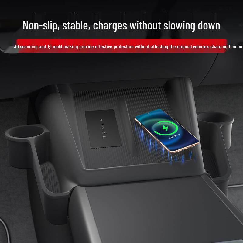 Tesla Wireless Charging Storage Pocket: Dustproof, Wear-resistant, Non-slip, Noiseless, with Dual Cup Holders.