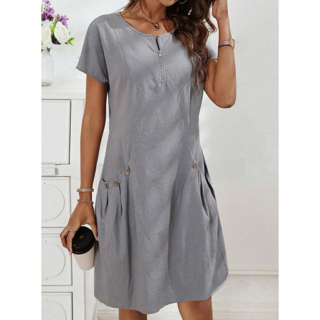 Ladies' Summer Casual Dress with Zipper Half Placket, Button Decoration, and Double Pocket Loose Fit, Cute Summer Jumpsuit