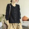 Women's Retro Knit Cotton Cardigan: Round Neck, Long Sleeve, Autumn Casual Short Sweater.