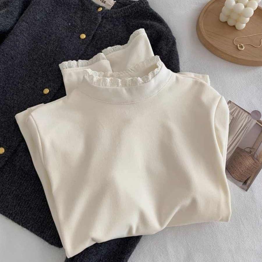 Women's Stylish Thermal Fleece Long Sleeve Lace T-Shirt, Slimming Warm Base Layer, Half-High Neck, Perfect for Autumn/Winter.