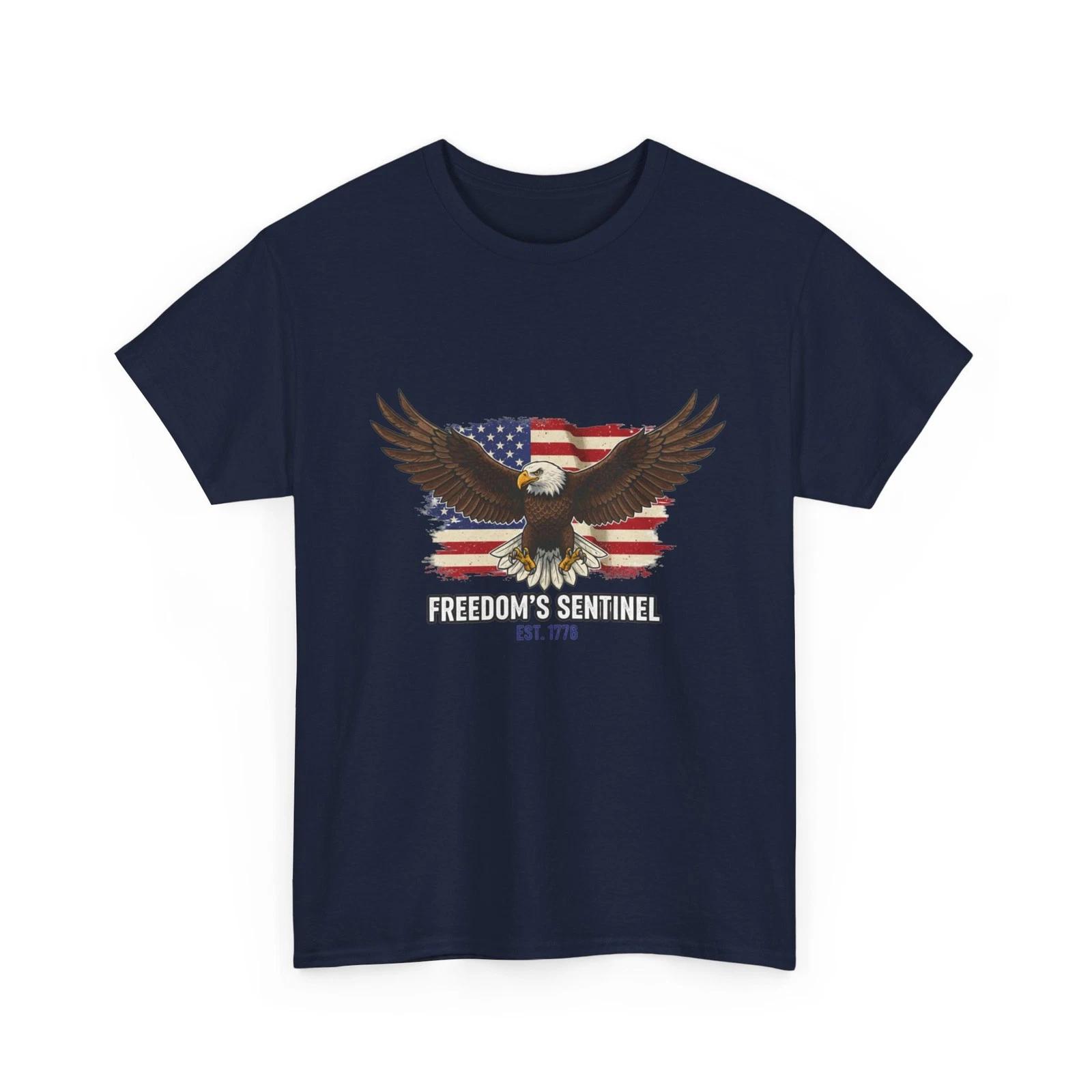 Bald Eagle with American Flag T-Shirt -Freedom Sentinel USA Patriotic Cotton Tee S