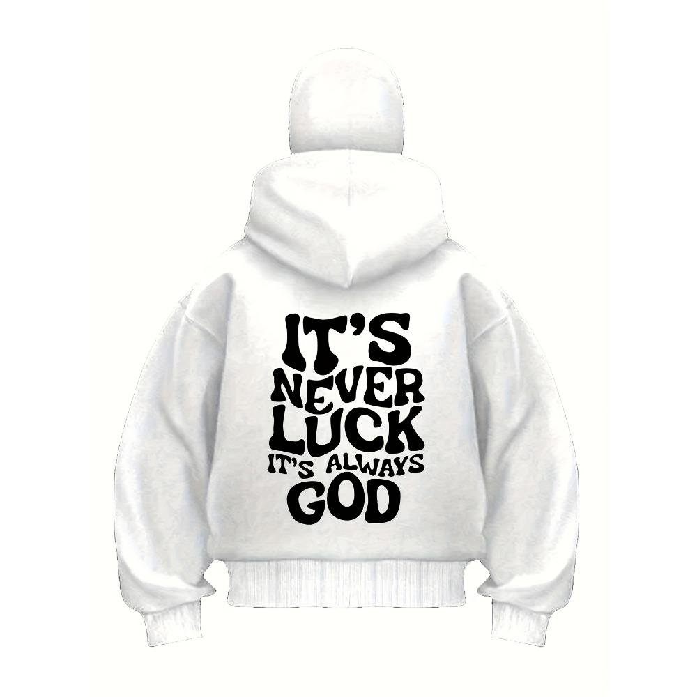 Men's Red Hooded Zipper Jacket "It's Never Luck It's Always God" Printed Jacket with Polyester Ribbed Cuffs and Hemps for Autumn and Winter