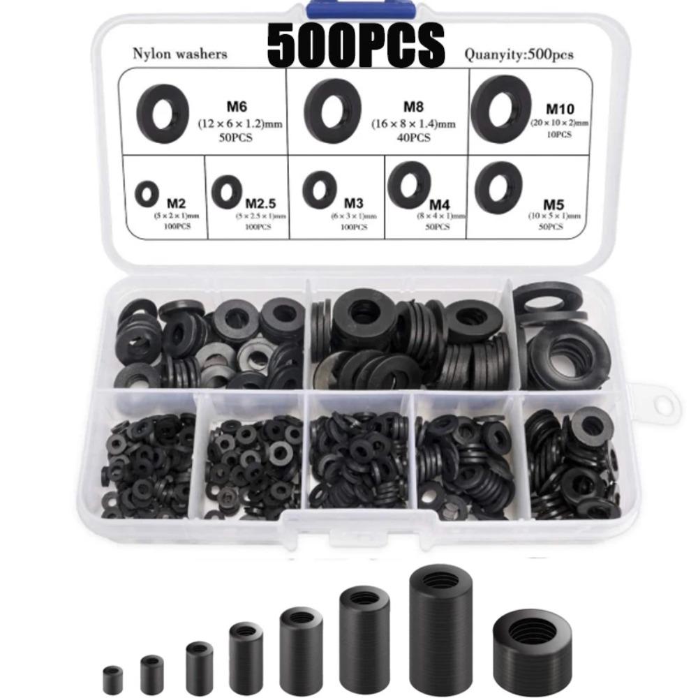 500pcs Flat Nylon Washers Assortment Set with 8 Sizes M2 M2.5 M3 M4 M5 M6 M8 M10 Sealing Safety Plates for Hardware And DIY Proj