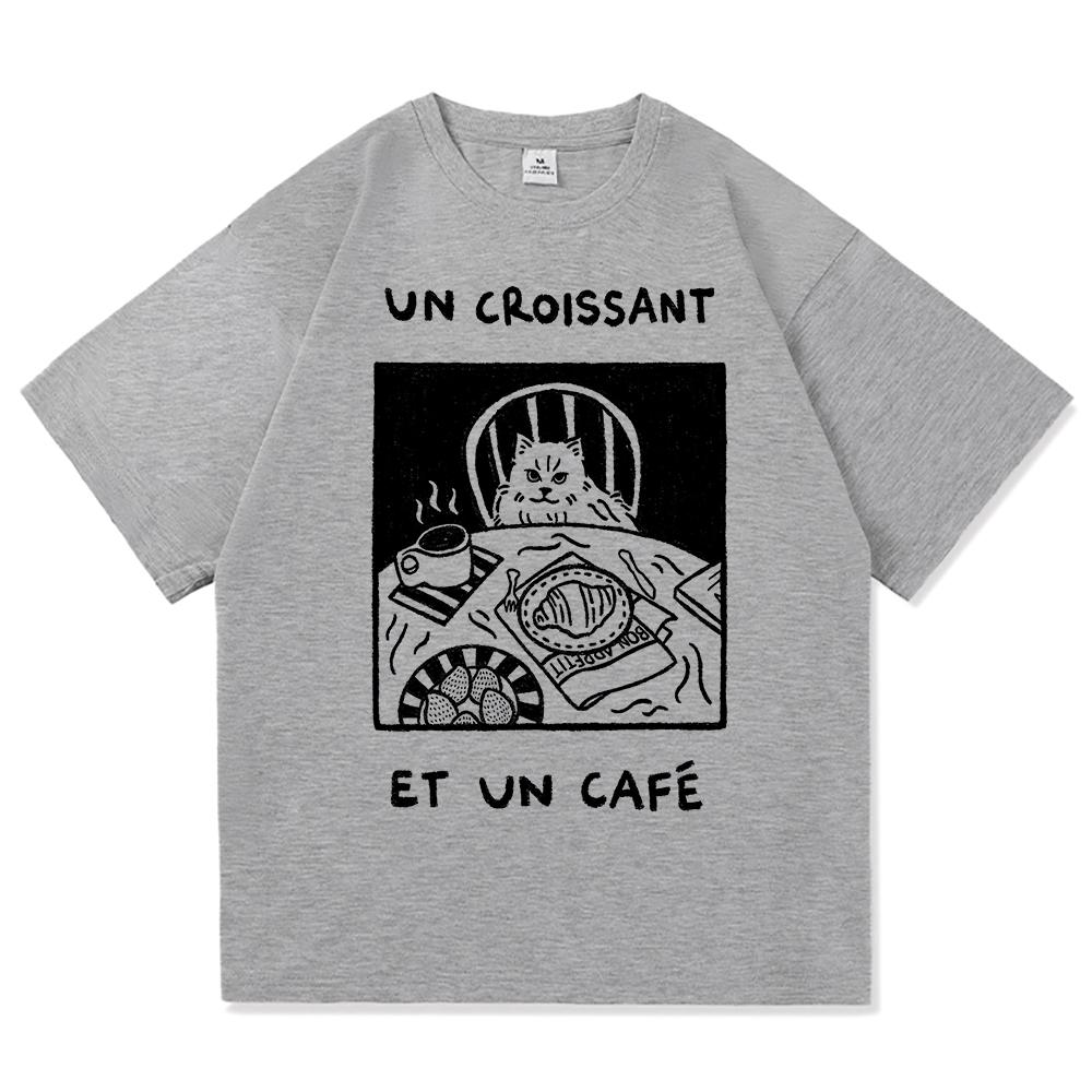 Vintage French Cafe Cat T Shirt Fashion Men/Women Funny Letter Un Croissant Et Un Cafe T-Shirt High Quality Cotton Tees Shirts