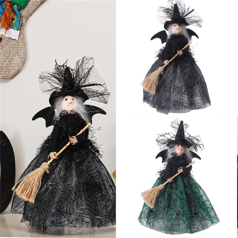 Halloween Witch Doll Desktop Decorations Witch Tree Toppers for Holiday Party Home Decor Witches with Spiders Web Dress