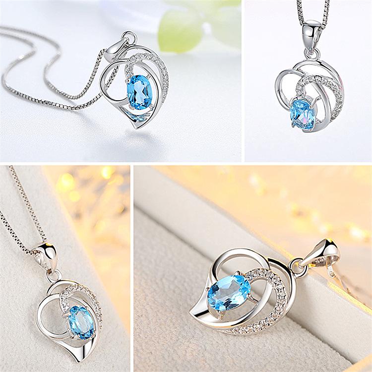 Heart-Shaped Blue Topaz Silver Necklace - Women's Simple Korean Clavicle Chain with Natural Crystal Gemstone