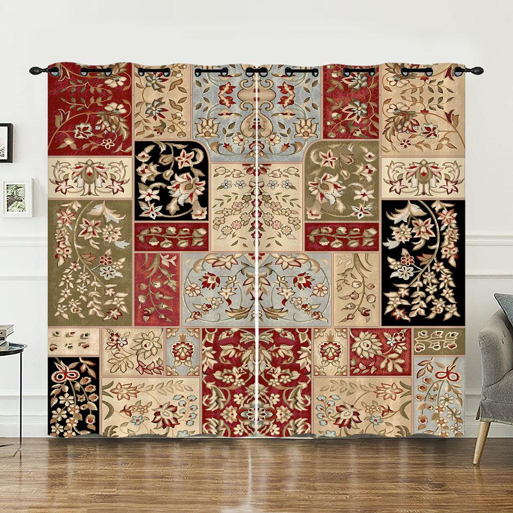 Curtains Court Pattern Retro Flower Curtain Digital Printing Blackout Curtain No Punching