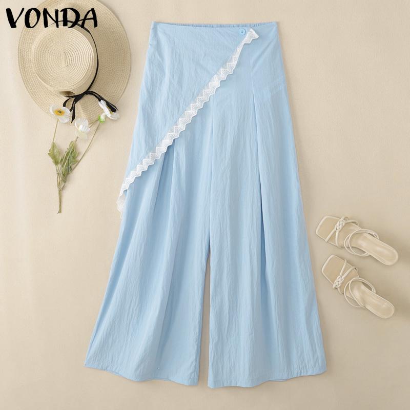 

VONDA Женские нерегулярные запахивающиеся эластичные брюки с заплатками и кружевной отделкой по низу, повседневные длинные брюки L синий