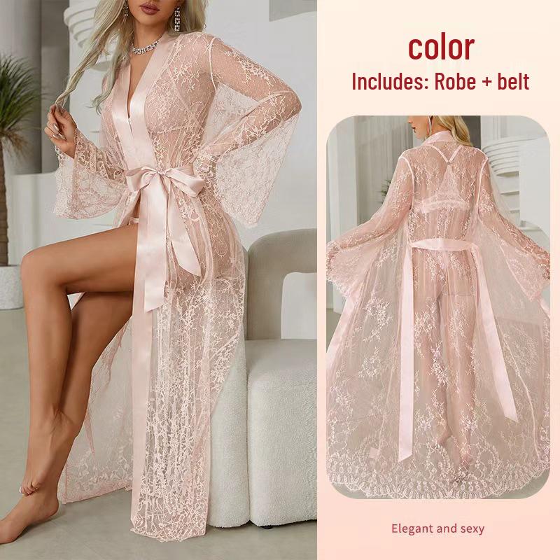 Feiyun Sexy Lace Trim See-Through Nightgown Pajamas Women's Outerwear Home Wear