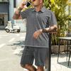 Summer Men Matching Outfit Sets Grid Texture Short Sleeve Polo Shirts Elastic Drawstring Casual Shorts Daily Beach Vacation Two Piece Tracksuit
