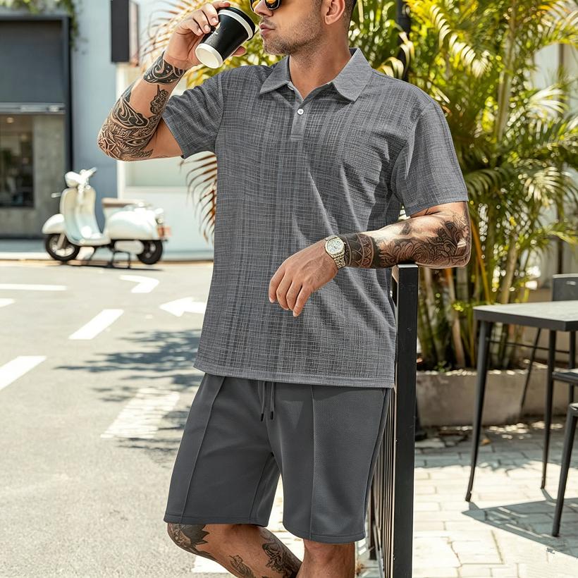 Summer Men Matching Outfit Sets Grid Texture Short Sleeve Polo Shirts Elastic Drawstring Casual Shorts Daily Beach Vacation Two Piece Tracksuit