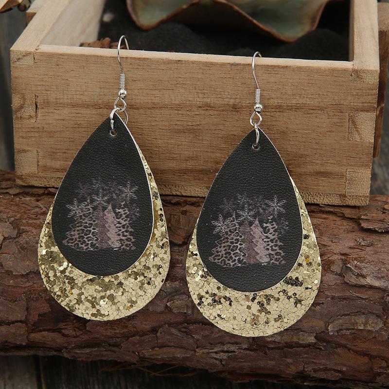 European & American Christmas Tree Teardrop Sequin Earrings, Leopard Print PU Leather.