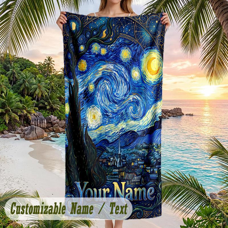 Starry Night Dreamscape 1 Theme Quick Dry Beach Towel Custom Name Text Print Large Sand Resistant Towel Beach Vacation