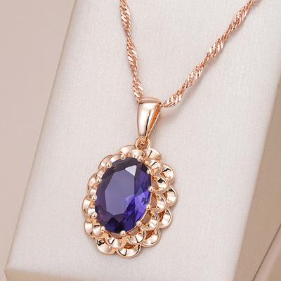 Rose Gold Color Crystal Flower Pendant Necklace Women Trendy Big Purple Natural Zircon Accessories Daily Jewelry