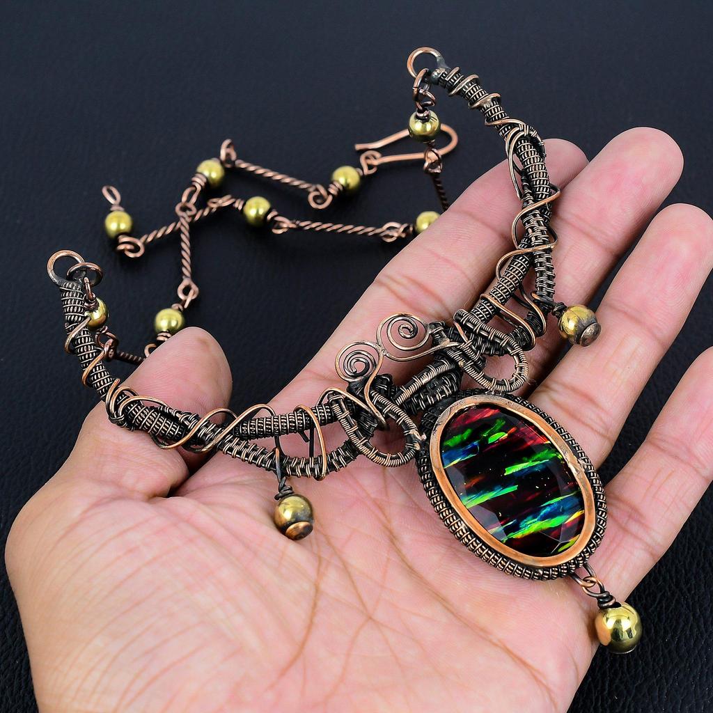 Ammolite Necklace Gemstone Jewelry, 999 Copper Wire Wrapped Necklace, Adjustable Handmade Chain Necklace Gift For Wife Jewelry