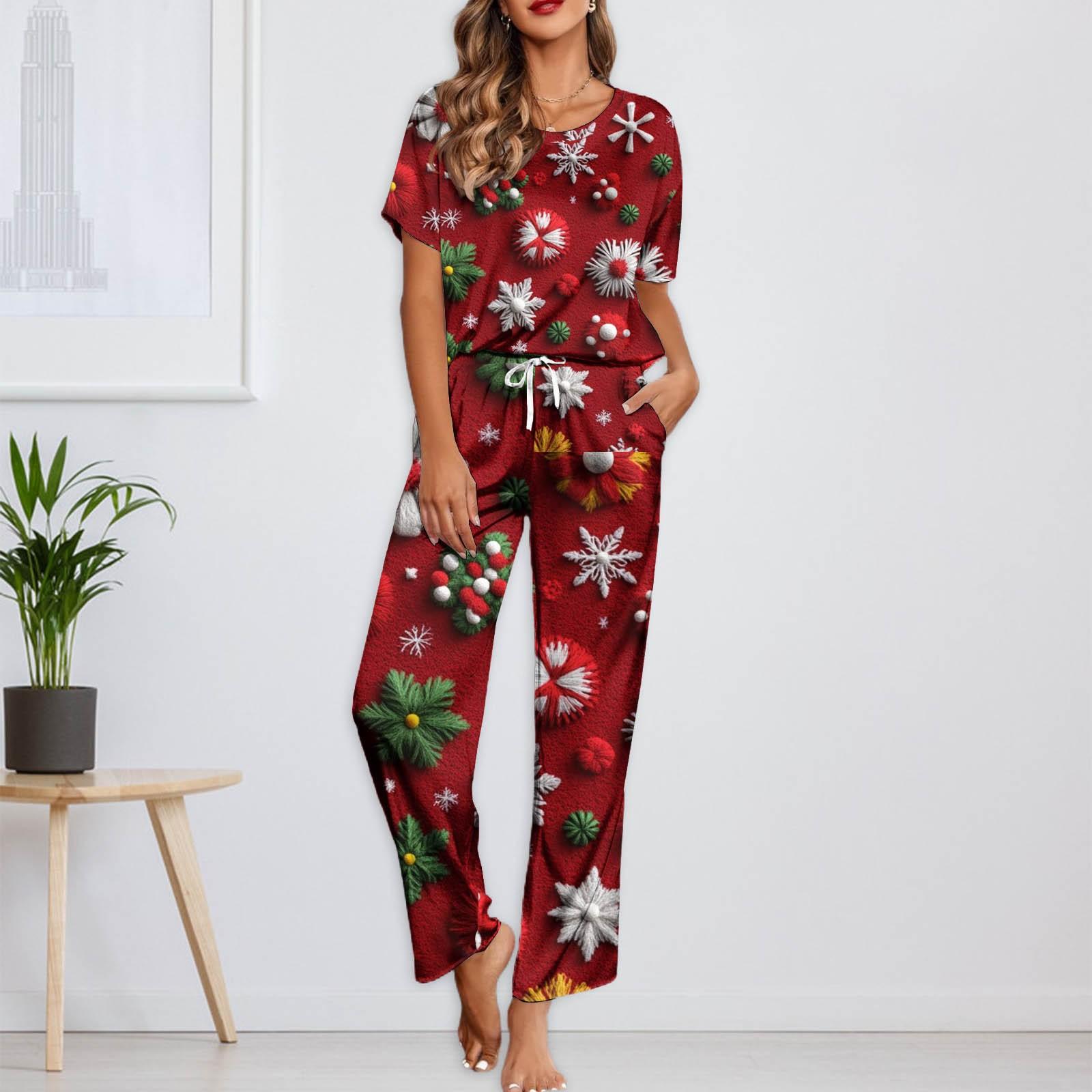

Женский шелковый атласный пижамный комплект с рождественским принтом, рубашка с коротким рукавом и длинные пижамные штаны, мягкая домашняя одежда M красный