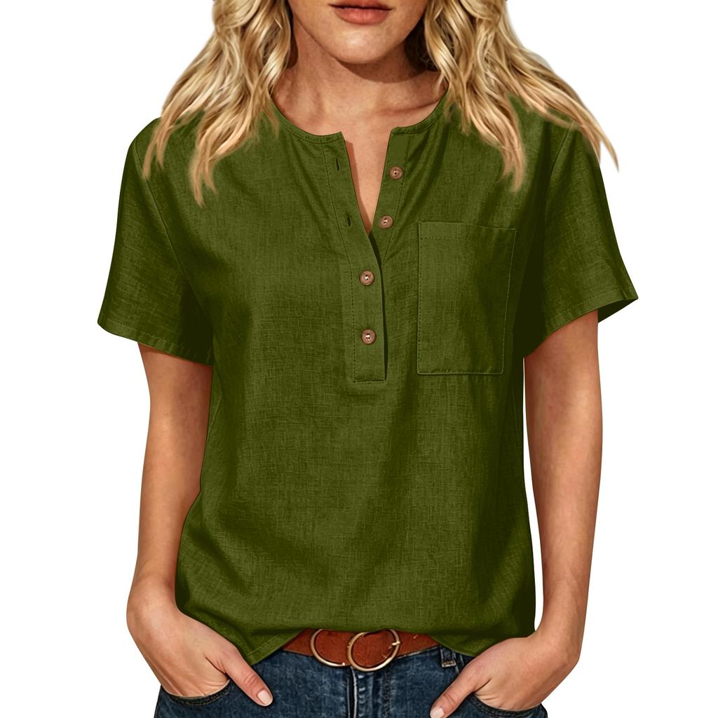 Women Short Sleeve Henley Neck Button Down Linen Cotton Shirt with Chest Pocket Relaxed Fit Casual Top Blouse for Daily Wear