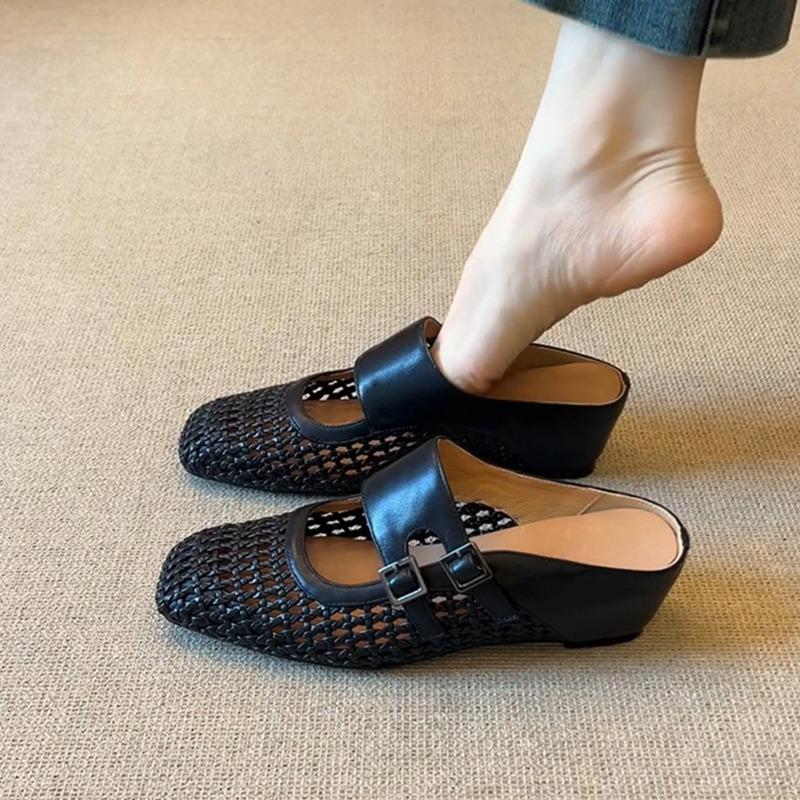 Sheepskin version~ inner height increase with half slippers women's square head versatile woven hollow and breathable outer bag head sandals