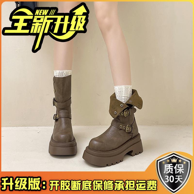 Fashion Versatile Platform Leather Boots Increase the Height of Two Wear Martin Boots Women's Autumn and Winter Retro Buckle Knight Boots Locomotive