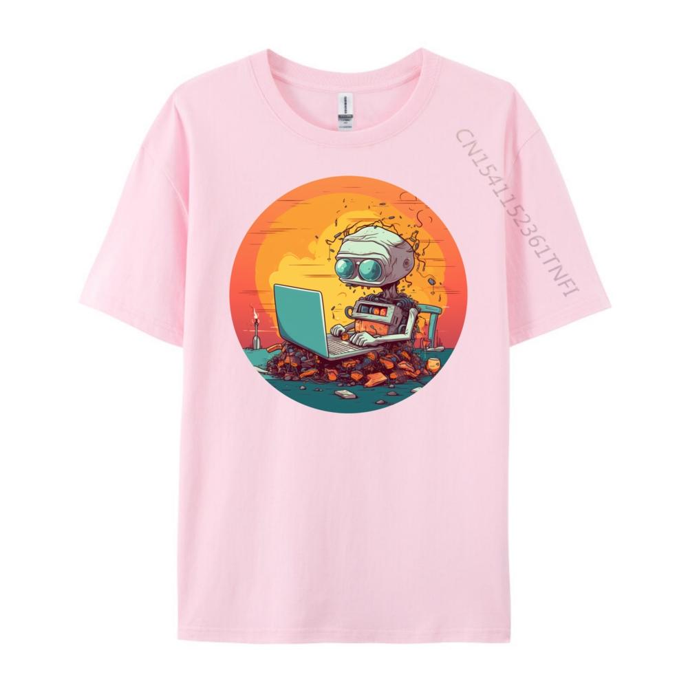 Funny Smart Ai Robot With Laptop For Portable Computer Fans Black Graphic T Shirts Autumn Mens Cotton TShirt Halloween