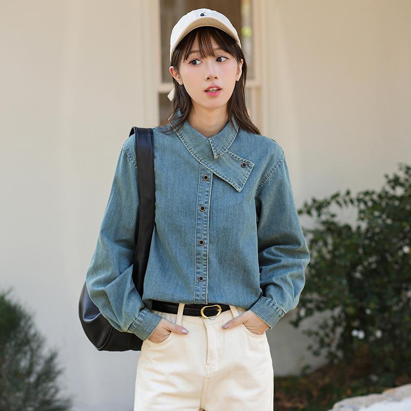 Vintage-Inspired Luxe Korean Denim Shirt with Scarf Collar